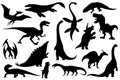 Collection silhouettes of dinosaurs skeletons. Vector hand drawn dino skeletons. Exhibit fossils in the museum. Sketch