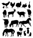 Collection silhouettes domestic farm animals and birds. Vector illustration. Isolated hand drawings animals on white Royalty Free Stock Photo