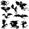 Collection silhouettes of dragon. Vector collection of dragon silhouettes. Dragon silhouette set. Royalty Free Stock Photo