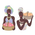 Collection. Silhouettes of a girl in a headscarf. The lady is holding a basket of apples, oranges. Woman in modern one