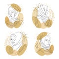 Collection. Silhouettes of a girl`s head and a leaf of a plant. Lady wearing hijab, scarf, arabic muslim headdress, headscarf. Fem