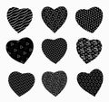 A collection of silhouettes of hearts with a variety of patterns, a set of hearts for Valentine's day. Royalty Free Stock Photo