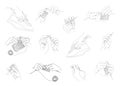 Collection. Silhouettes of human hands with a needle, knitting needles, iron in a modern style in one line. Solid line, sketches, Royalty Free Stock Photo