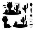 Collection silhouettes of llama and cacti. Isolated drawings Alpaca animal, glade, cactus and cloud. Black hand drawn Royalty Free Stock Photo