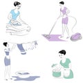 Collection. Silhouettes of lovely ladies. The girl vacuums the floor with a vacuum cleaner, prepares food, ironing clothes, Royalty Free Stock Photo