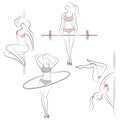 Collection. Silhouettes of lovely ladies. Girls are engaged in fitness the bar, hoop, dance on the pylon. Women are young and slim