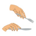 Collection. Silhouettes of a male hand holding a fork into a knife, in a modern single line style. Continuous line