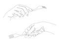 Collection. Silhouettes of a man`s hand holding a fork in a modern one line style. Continuous line drawing, aesthetic outline for