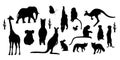 Collection silhouettes wild animals. Vector illustration. Isolated hand drawings tropical African elephant and giraffe