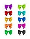 Collection of silk realistic colored bows with ribbons. Set of beautiful gift bows. Realistic bow collection. Holidays