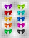 Collection of silk realistic colored bows with ribbons. Set of beautiful gift bows. Realistic bow collection. Holidays