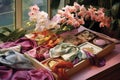 Collection of silk scarves, jewelry box and bouquet of orchids. Generative AI Royalty Free Stock Photo