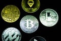 Collection of silver and gold cryptocurrency coins Royalty Free Stock Photo