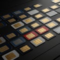 A collection of SIM cards arranged in neat rows on a dark surface. They feature gold Royalty Free Stock Photo