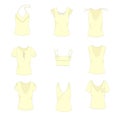 Collection of simple casual summer women`s tops and blouses. Vector line illustration.