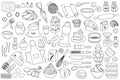 Collection of simple hand drawn vector illustrated doodles of baking tools, ingredients and elements.