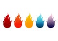 Collection of simple illustrations of five types of fire designs