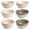 Arrangement of six elegant ceramic bowls showcasing neutral color variations on white background Royalty Free Stock Photo