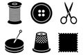 Sewing tools thread button scissors thimble fabric pin Royalty Free Stock Photo