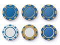 Collection of six blue-toned playing cards with gold edges on a white background, arranged in two rows - AI-Generated Royalty Free Stock Photo
