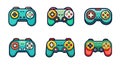 Collection of Six Colorful Cartoon Video Game Controllers on White Background Royalty Free Stock Photo