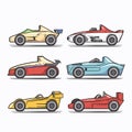 Collection six colorful vintage race cars, side view, isolated white background. Classic