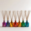 Six colorful reed diffusers arranged in a row on a white background Royalty Free Stock Photo
