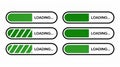 Six green loading bars with varying fill levels and diagonal stripes on white backgrounds indicating progress and Royalty Free Stock Photo