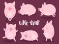 A collection of six funny pigs on a burgundy background with the word oink. Vector illustration for New Year, Christmas, prints, i Royalty Free Stock Photo