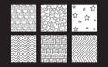 Collection of six seamless black and white geometric patterns for textile design Royalty Free Stock Photo