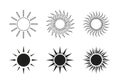 Collection of six stylized sun illustrations in black and white Royalty Free Stock Photo