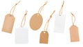 six white and brown tags