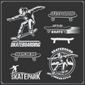 Collection of skateboarding labels, emblems, badges and design elements. Silhouette of a skateboarder.