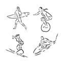 Collection of sketches of the surfers, hand drawn vector illustration