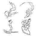 Collection of sketches of the surfers, hand drawn vector illustration