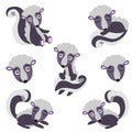 Collection with skunks isolated. Animal character. Grey and pastel blue. Cartoon style. Cute and funny. Graphic children design.