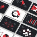 Modern presentation slides featuring data visualizations charts graphs and infographics in red and black tones Royalty Free Stock Photo