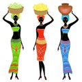 Collection. A slender African-American lady. The girl carries a basket on her head with grapes, bananas, pots. Women are beautiful