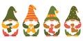 A collection of small autumn punchy dwarfs in caps who hold the letters FALL in their hands. Cute little forest gnomes, cartoon