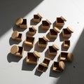 A collection of small, brown cardboard boxes is arranged on a light gray surface. The Royalty Free Stock Photo