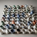 A collection of small ceramic cups and vases arranged neatly on a Royalty Free Stock Photo