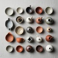An array of ceramic vessels and bowls arranged on a textured beige background Royalty Free Stock Photo