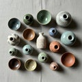 Collection of small ceramic vases and bowls displayed on a textured Royalty Free Stock Photo