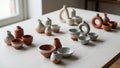 A collection of small ceramic vessels is arranged on a light wood Royalty Free Stock Photo