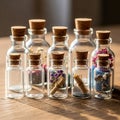 Collection of small glass bottles with cork stoppers arrayed Royalty Free Stock Photo