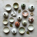 A collection of small handcrafted ceramic items arranged on a wooden surface Royalty Free Stock Photo