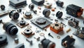 Collection of small machine parts, components, fasteners spread on clean white surface. Various electronic, mechanical elements Royalty Free Stock Photo