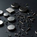 A collection of small metal objects scattered on a dark surface includes round and Royalty Free Stock Photo