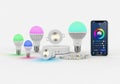 Collection of smart led light bulbs and accessories with a smartphone displaying color controls isolated on white background Royalty Free Stock Photo