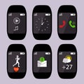 Collection smart watch with icons on the display heart rate, pulse, running, message sms, call, weather, time. Vector illustration